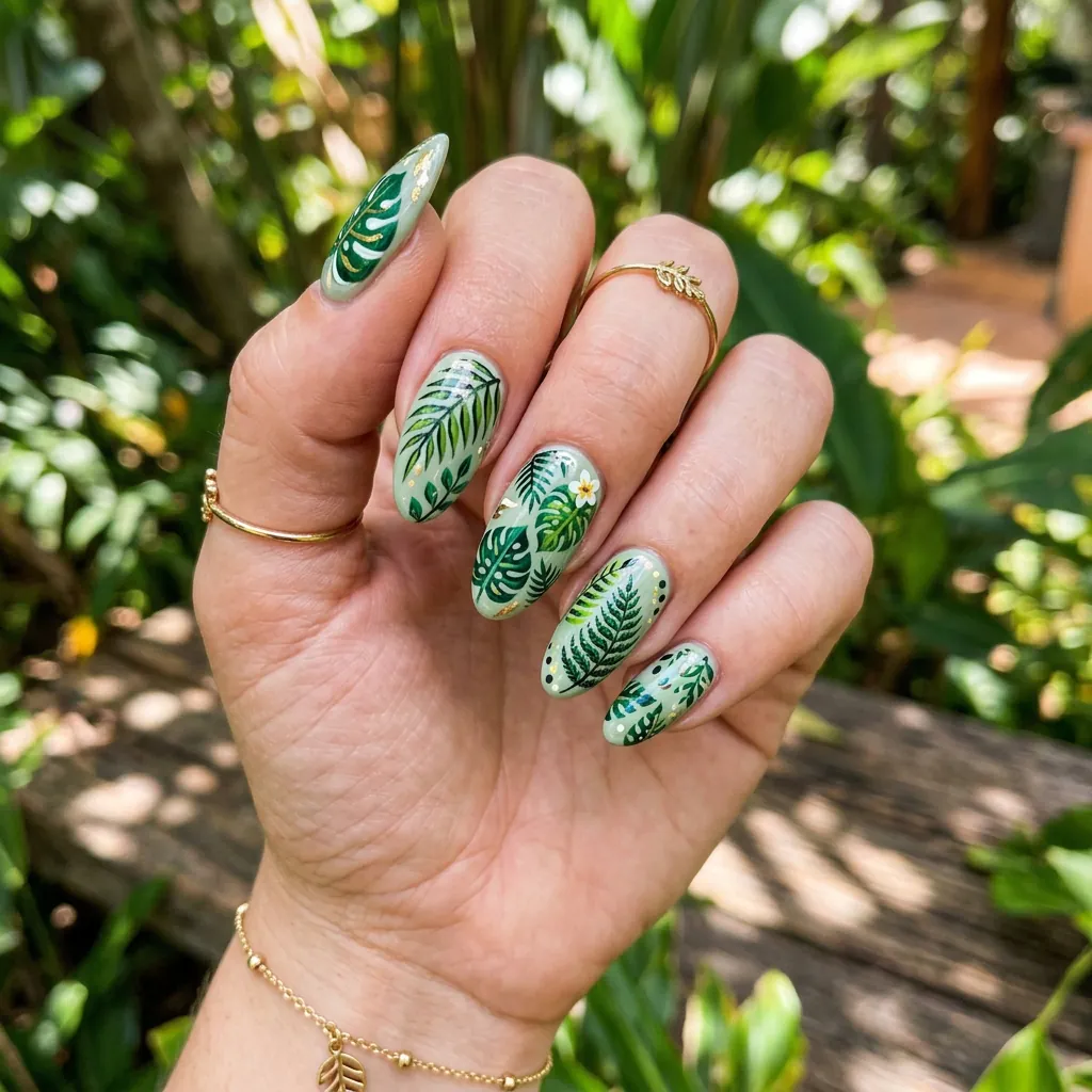 16 Green Summer Nails That Will Make You Cancel Your Nude Phase Immediately 11 Tropical Leaf Nail Art