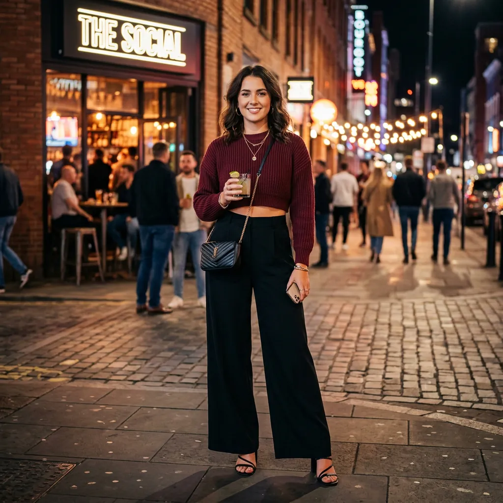 17 Girls Night Out Outfit Ideas That’ll Have Your Group Chat Asking “Where’d You Get That?!” 13 Wide Leg Trousers Cropped Sweater