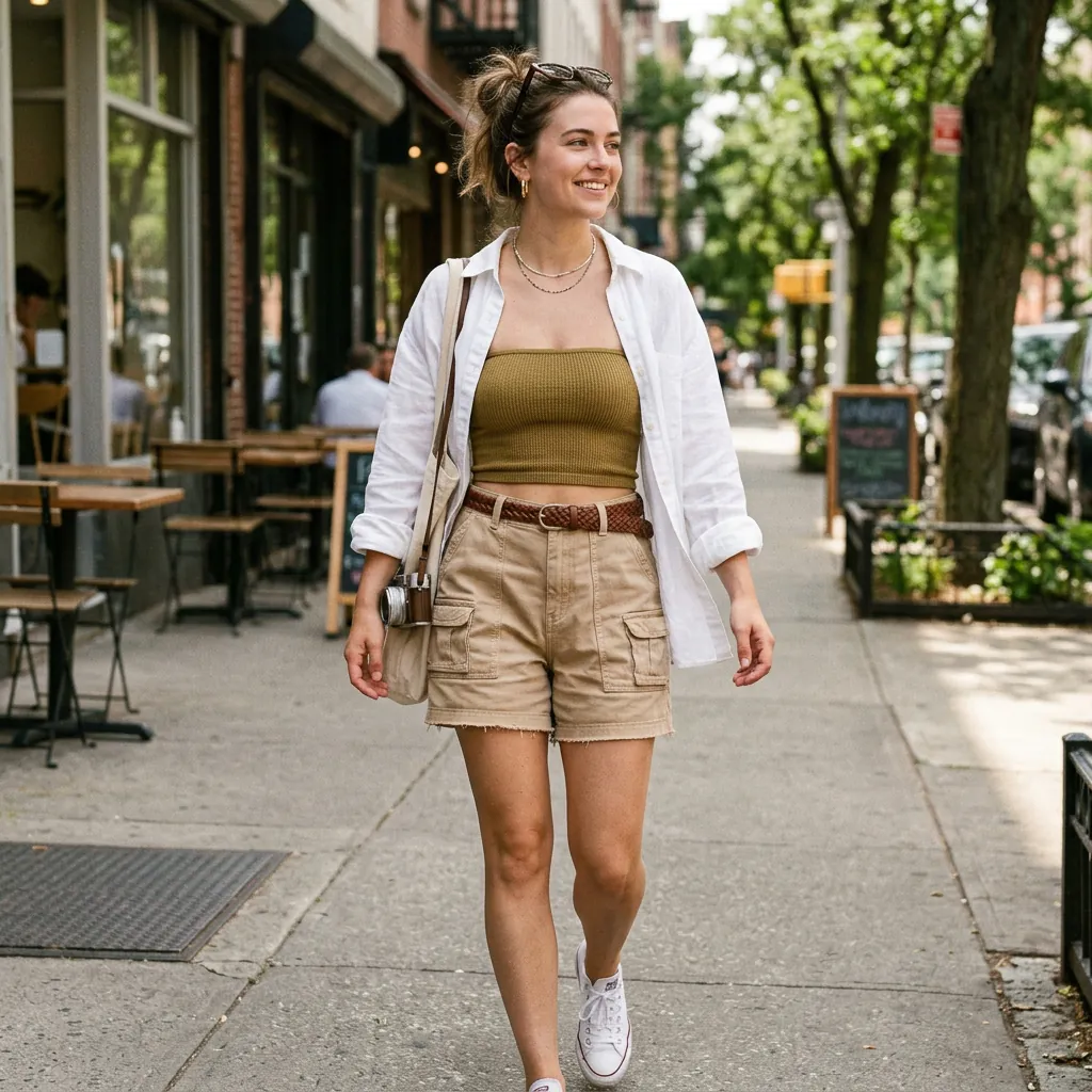 18 Beach Outfit Ideas That Make You Look Effortlessly Cool All Summer 11 Bandeau Top Cargo Shorts