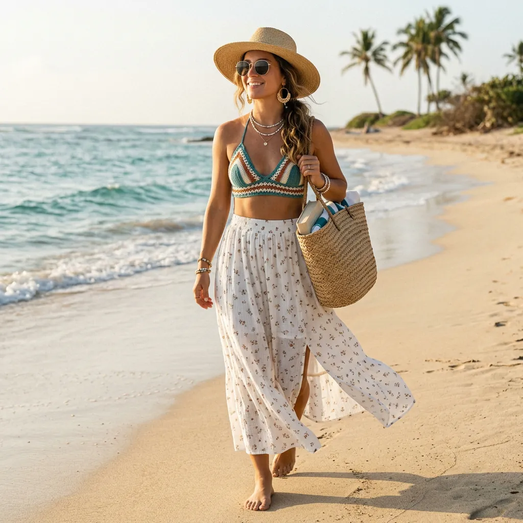 18 Beach Outfit Ideas That Make You Look Effortlessly Cool All Summer 4 Bikini Top Flowy Maxi Skirt