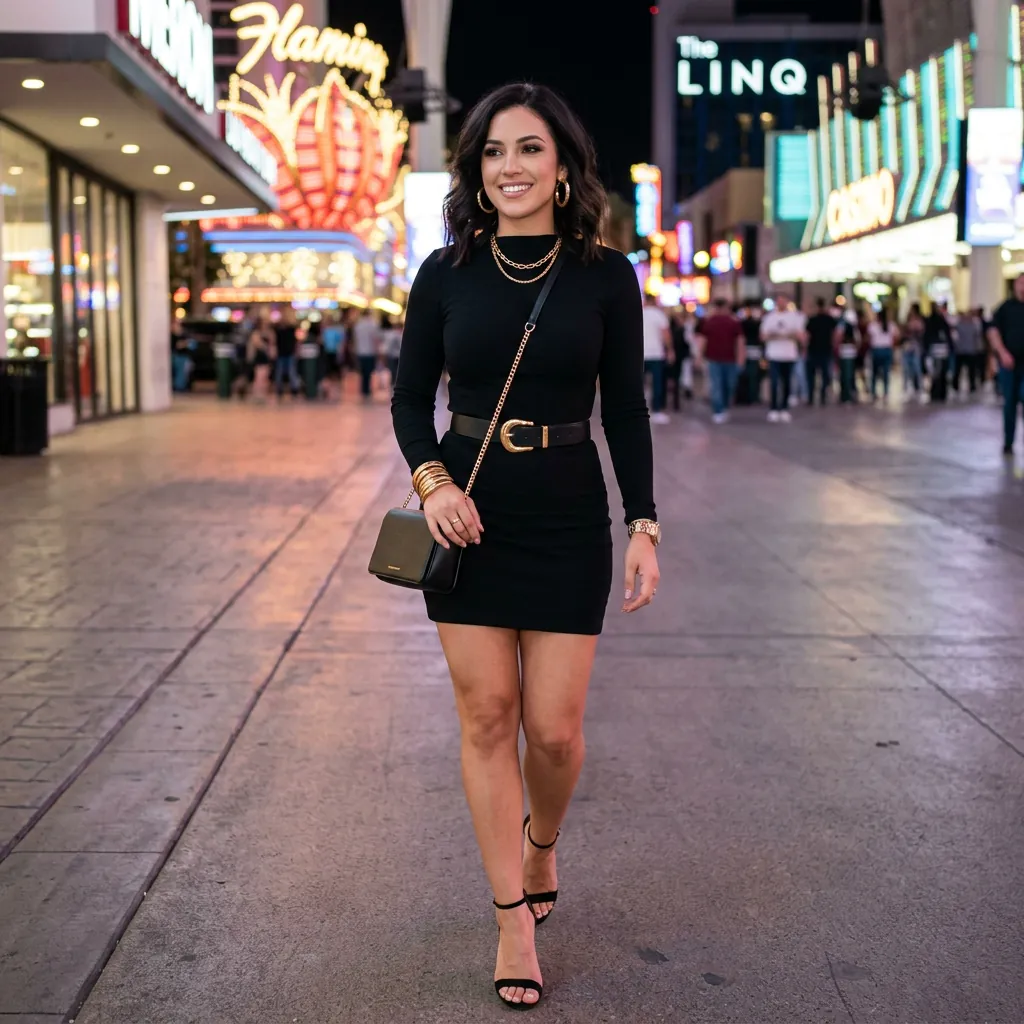 17 Vegas Outfit Ideas That Will Have You Looking Like the Main Character All Weekend 9 Black Mini Dress Gold Accessories