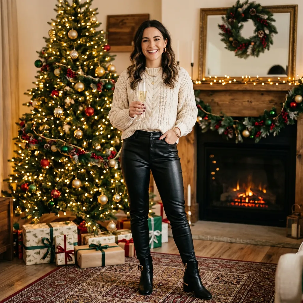 18 Christmas Outfit Ideas That’ll Have You Looking Festive Without Trying Too Hard 12 Cable Knit Sweater Faux Leather Pants