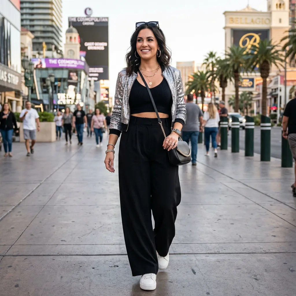 17 Vegas Outfit Ideas That Will Have You Looking Like the Main Character All Weekend 6 Crop Top High Waisted Wide Leg Pants