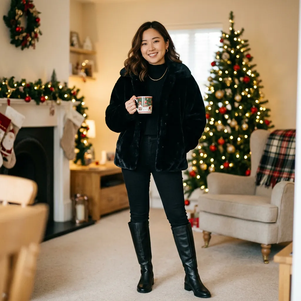 18 Christmas Outfit Ideas That’ll Have You Looking Festive Without Trying Too Hard 18 Faux Fur Jacket All Black Outfit