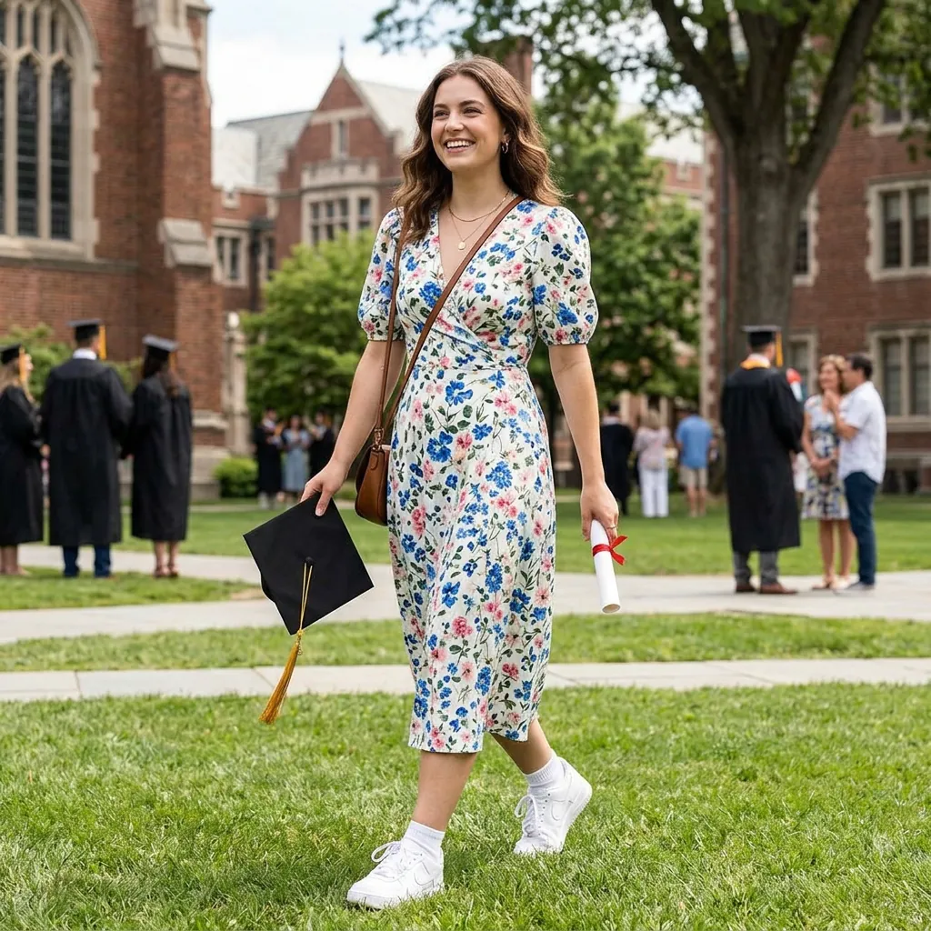 16 Graduation Outfit Ideas That’ll Have You Looking Expensive in Every Cap-and-Gown Photo 6 Floral Midi Dress White Sneakers