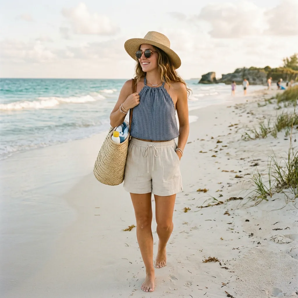 18 Beach Outfit Ideas That Make You Look Effortlessly Cool All Summer 17 Halter Top Linen Shorts