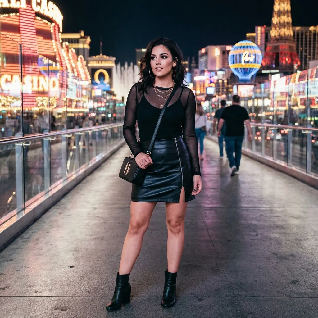 17 Vegas Outfit Ideas That Will Have You Looking Like the Main Character All Weekend 10 Mesh Top Faux Leather Skirt
