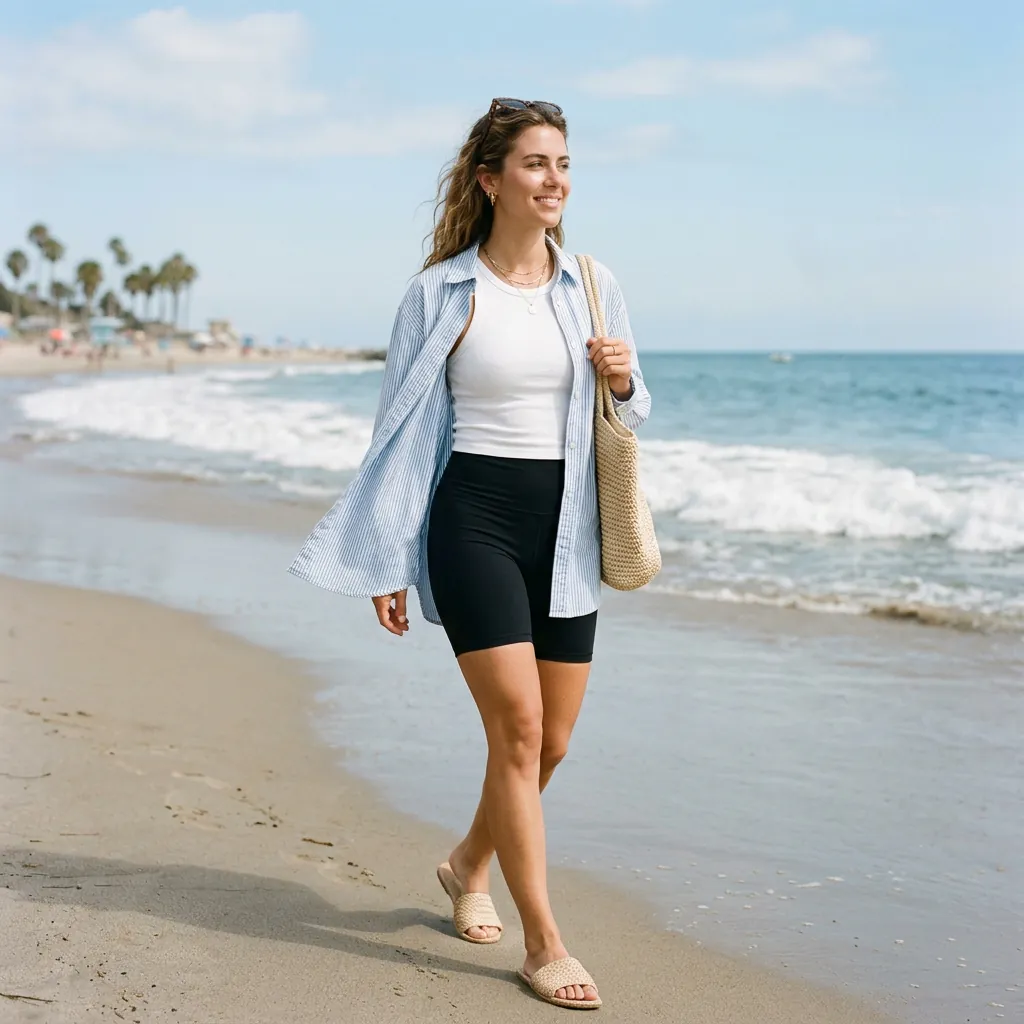 18 Beach Outfit Ideas That Make You Look Effortlessly Cool All Summer 15 Oversized Button Up Biker Shorts