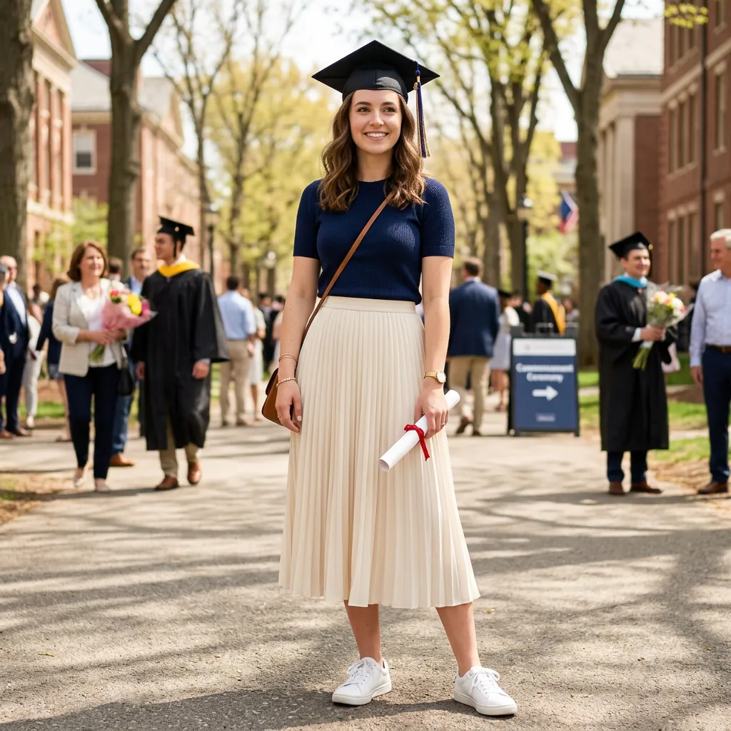 16 Graduation Outfit Ideas That’ll Have You Looking Expensive in Every Cap-and-Gown Photo 10 Pleated Skirt Fitted Knit Top