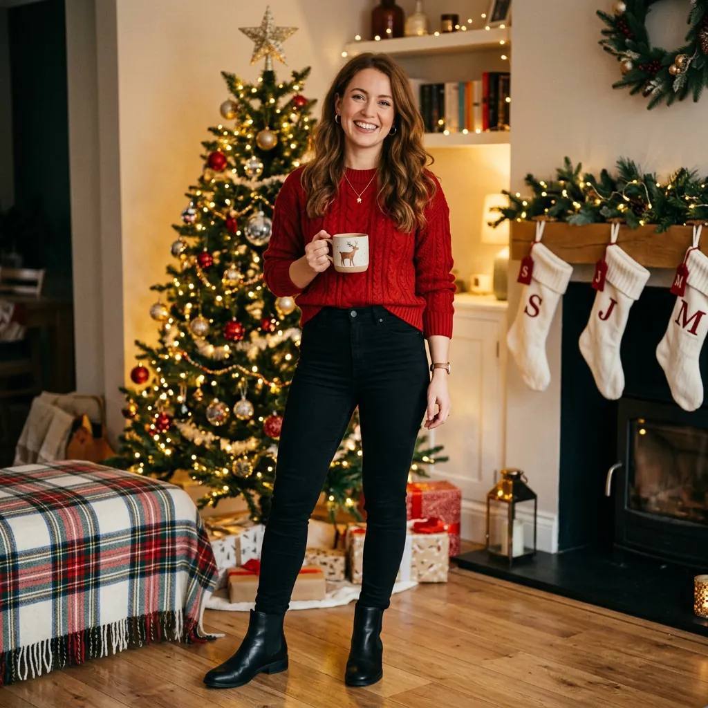 18 Christmas Outfit Ideas That’ll Have You Looking Festive Without Trying Too Hard 2 Red Sweater Black Skinny Jeans