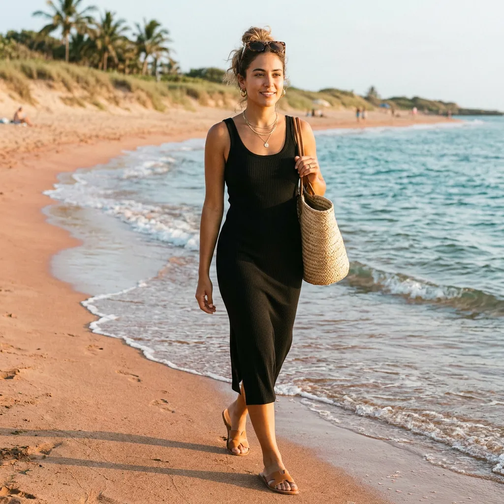 18 Beach Outfit Ideas That Make You Look Effortlessly Cool All Summer 8 Ribbed Tank Dress Slides