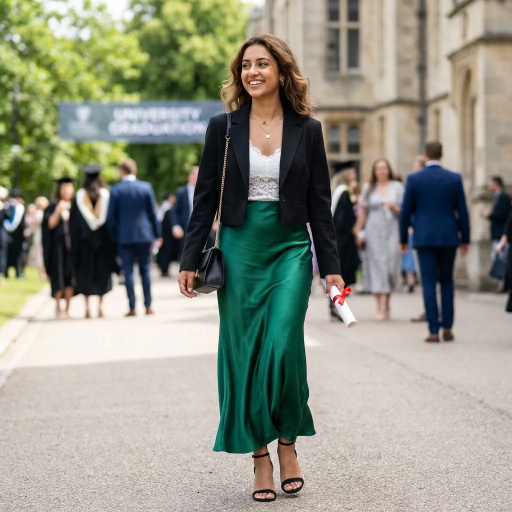 16 Graduation Outfit Ideas That’ll Have You Looking Expensive in Every Cap-and-Gown Photo 16 Satin Maxi Skirt Cropped Blazer