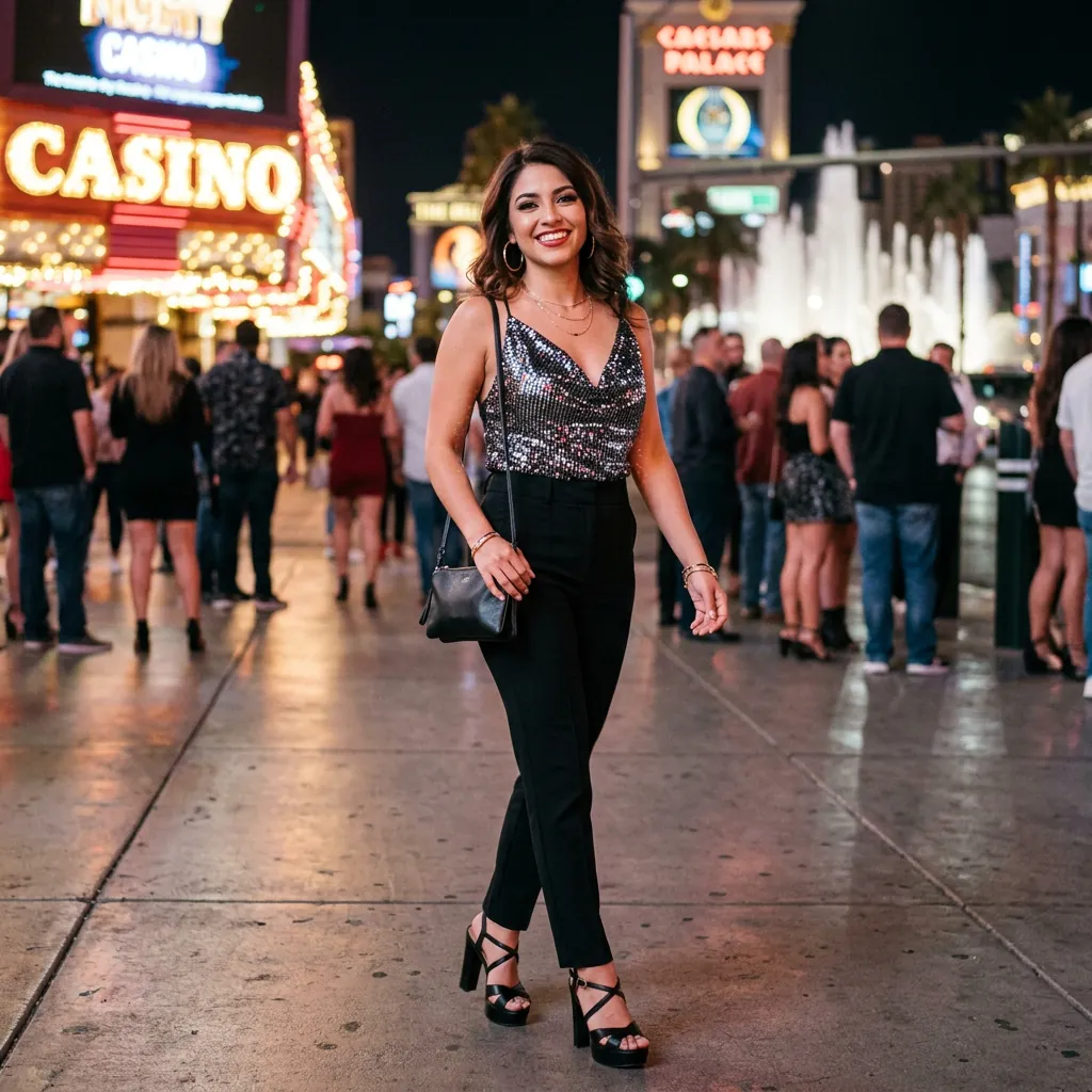 17 Vegas Outfit Ideas That Will Have You Looking Like the Main Character All Weekend 15 Sparkly Top Black Trousers