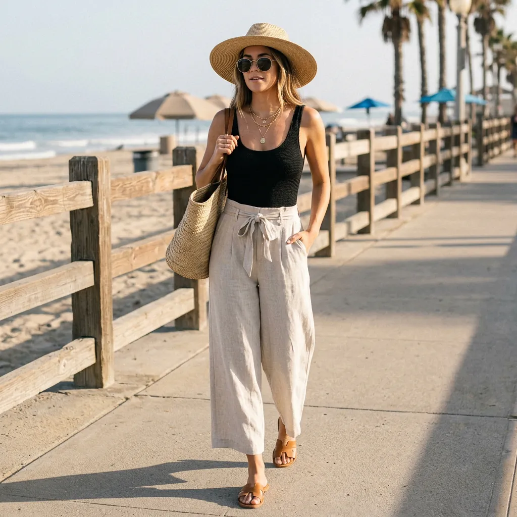18 Beach Outfit Ideas That Make You Look Effortlessly Cool All Summer 10 Swimsuit Wide Leg Linen Pants