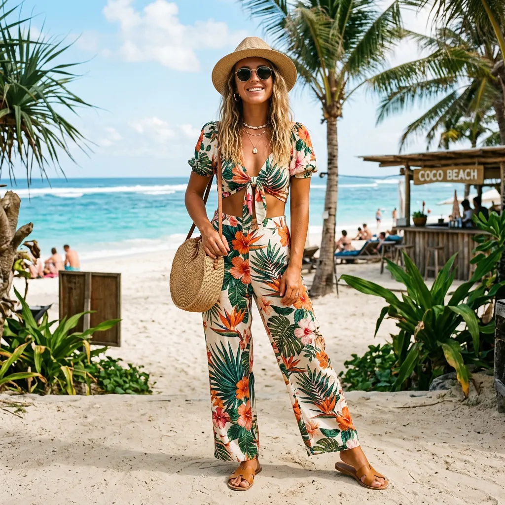 18 Beach Outfit Ideas That Make You Look Effortlessly Cool All Summer 9 Tropical Print Co Ord Set