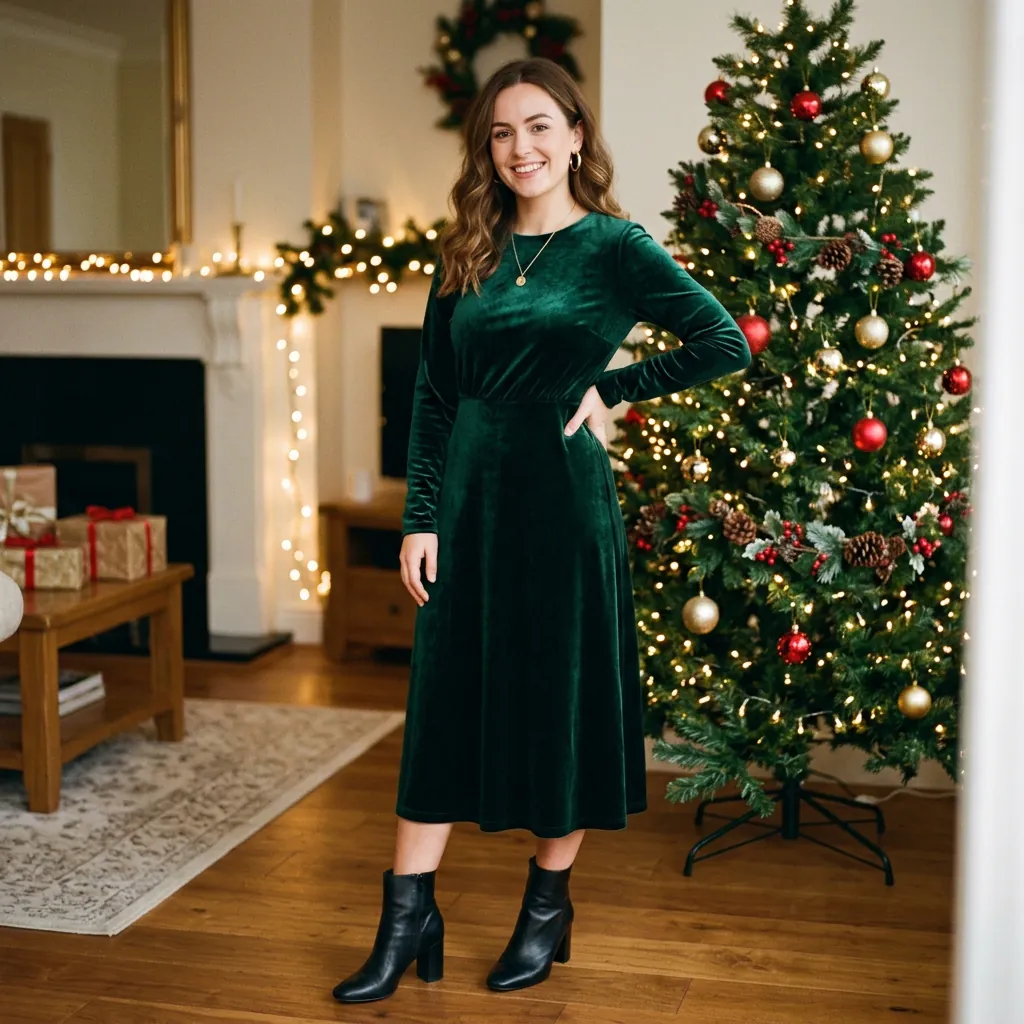 18 Christmas Outfit Ideas That’ll Have You Looking Festive Without Trying Too Hard 4 Velvet Midi Dress Heeled Boots