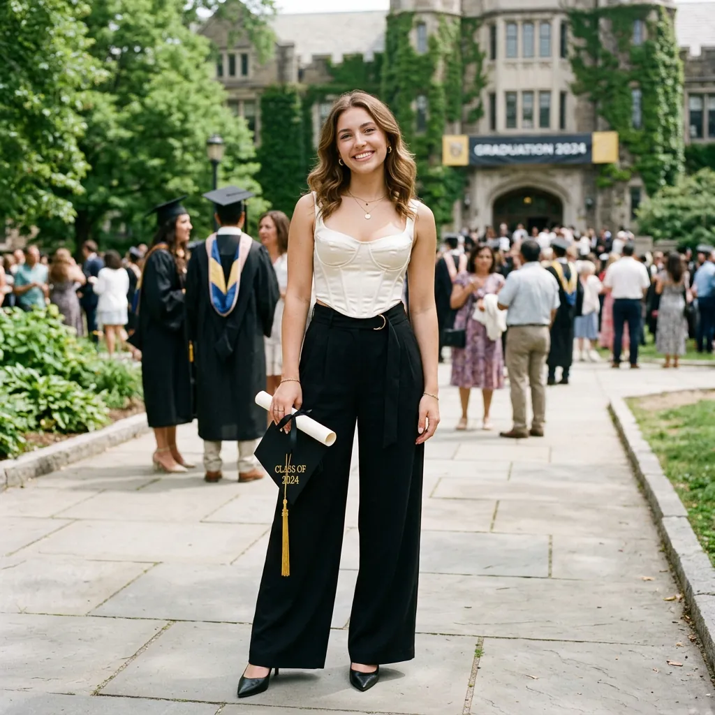 16 Graduation Outfit Ideas That’ll Have You Looking Expensive in Every Cap-and-Gown Photo 3 Wide Leg Trousers Corset Top