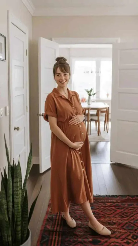 Cozy Looks That Make Room for You: 14 Pregnant Fall Outfits 6 Button Front Maternity Dress With Mary Janes