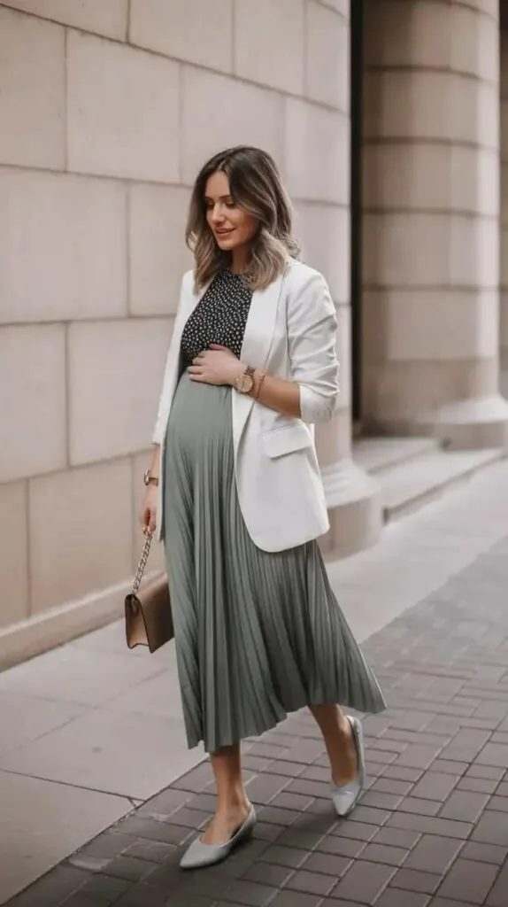 Cozy Looks That Make Room for You: 14 Pregnant Fall Outfits 12 Pleated Maternity Skirt With a Collarless Blouse