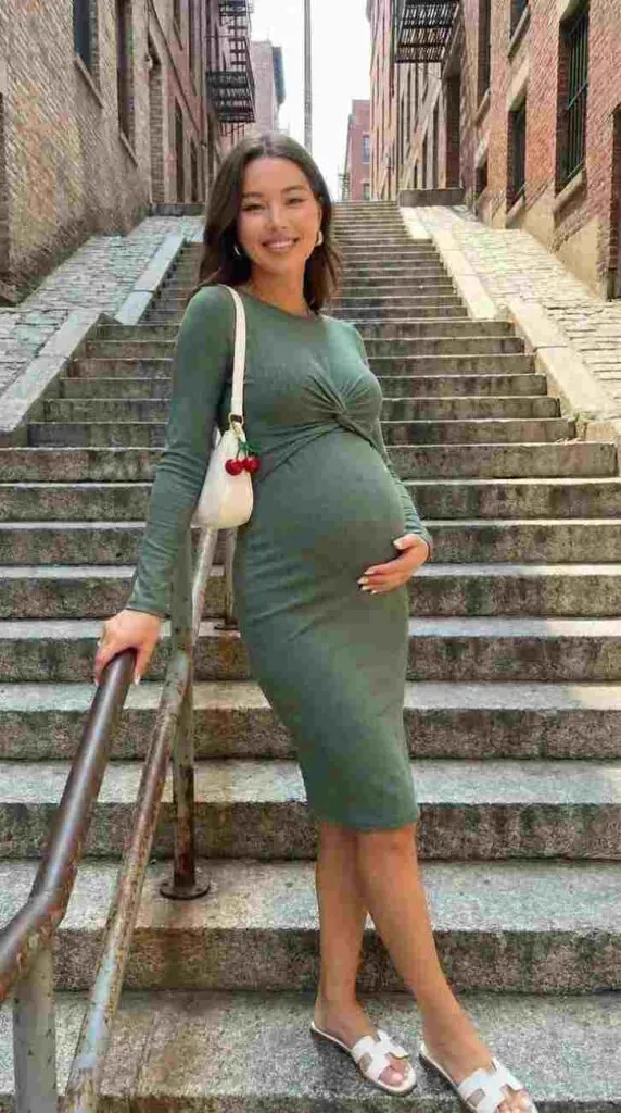 Cozy Looks That Make Room for You: 14 Pregnant Fall Outfits 3 Ribbed Maternity Midi Dress With Clogs